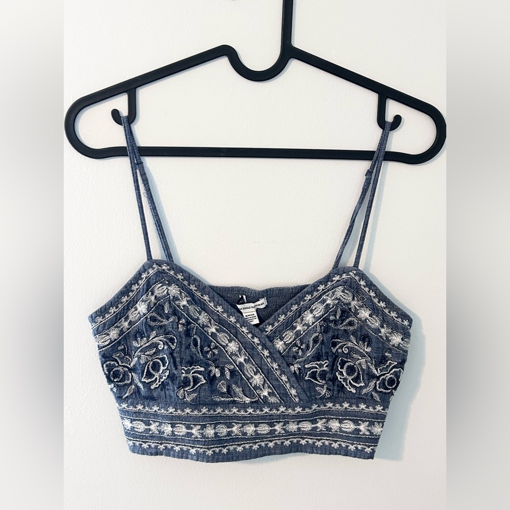American Eagle Denim-Blue Embroidered Boho Crop Top, Size S